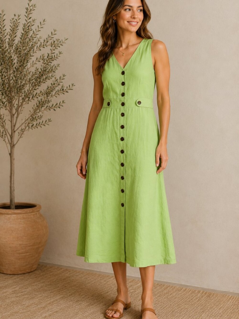 Coldwater Creek Linen Blend Dress P8 Pistachio Green Button Front Fit Flare Midi - Picture 1 of 11